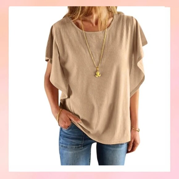 Tops - ✨ New Ribbed Flutter Sleeve Top – Beige, Size Medium ✨